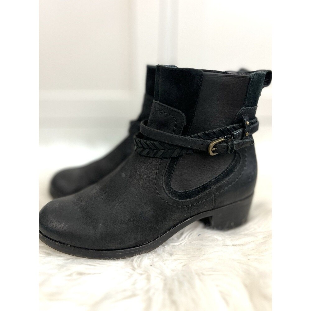 UGG Krewe Moto Ankle Boots Black Leather Braided Strap Buckled Biker Bootie Sz 8
